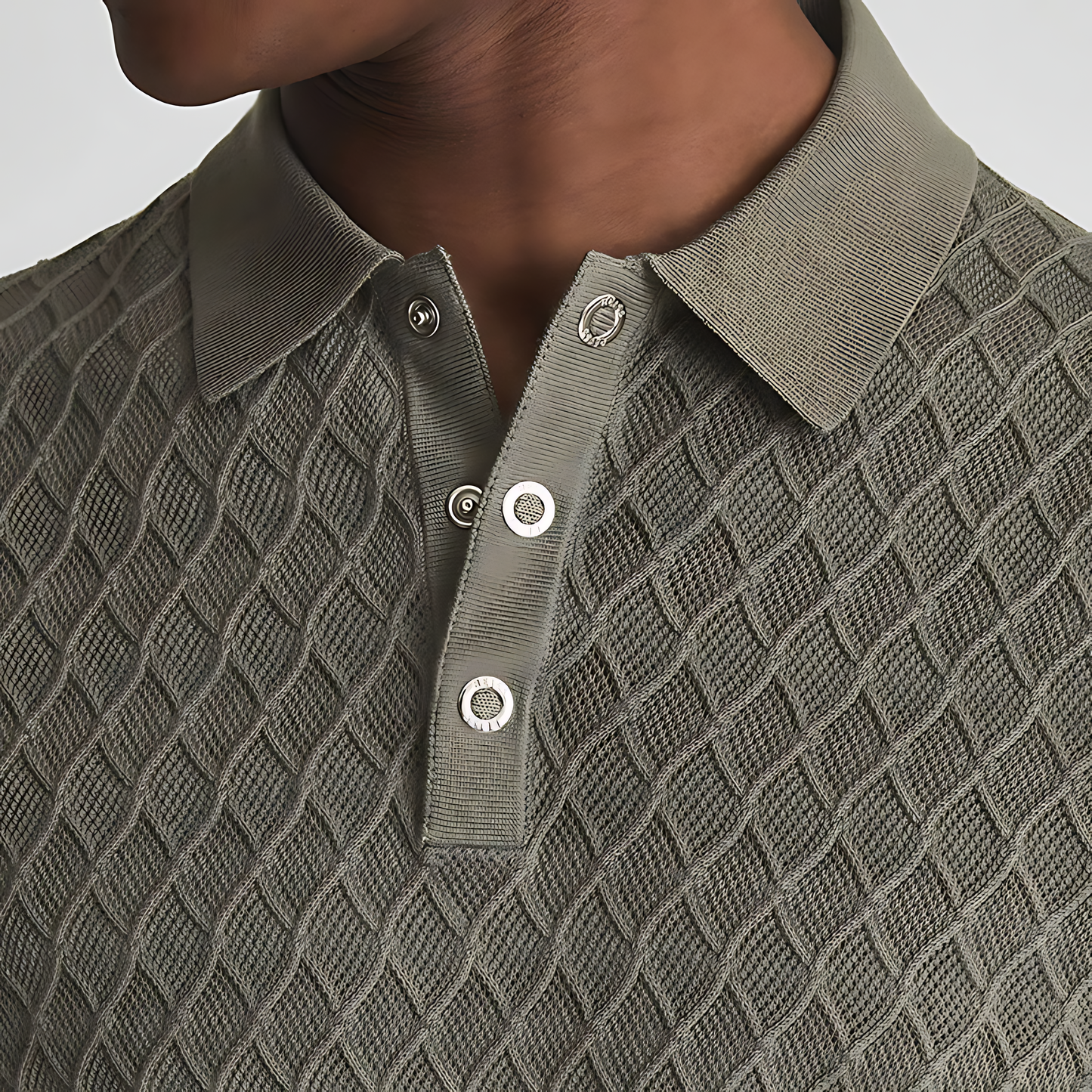 Olive Herringbone Knit Polo Shirt