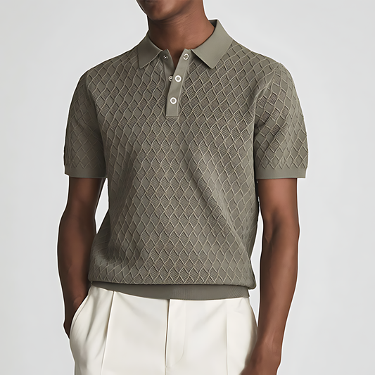 Olive Herringbone Knit Polo Shirt